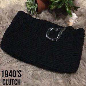 Stunning 1940’s Cord Style Clutch with Twisted Lucite Zipper Pull-Black-13x8-EUC